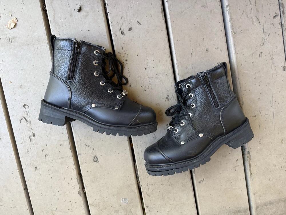 Women's Black Leather Moto Combat Boots Lace Up Side Zip Biker Punk Lug Sole 8